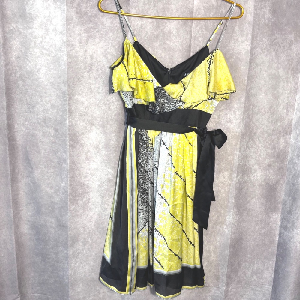 BCBG Paris Ruffle V-Neck Dress Womens Size 4 Yellow Black Satin Sash Y2K Party